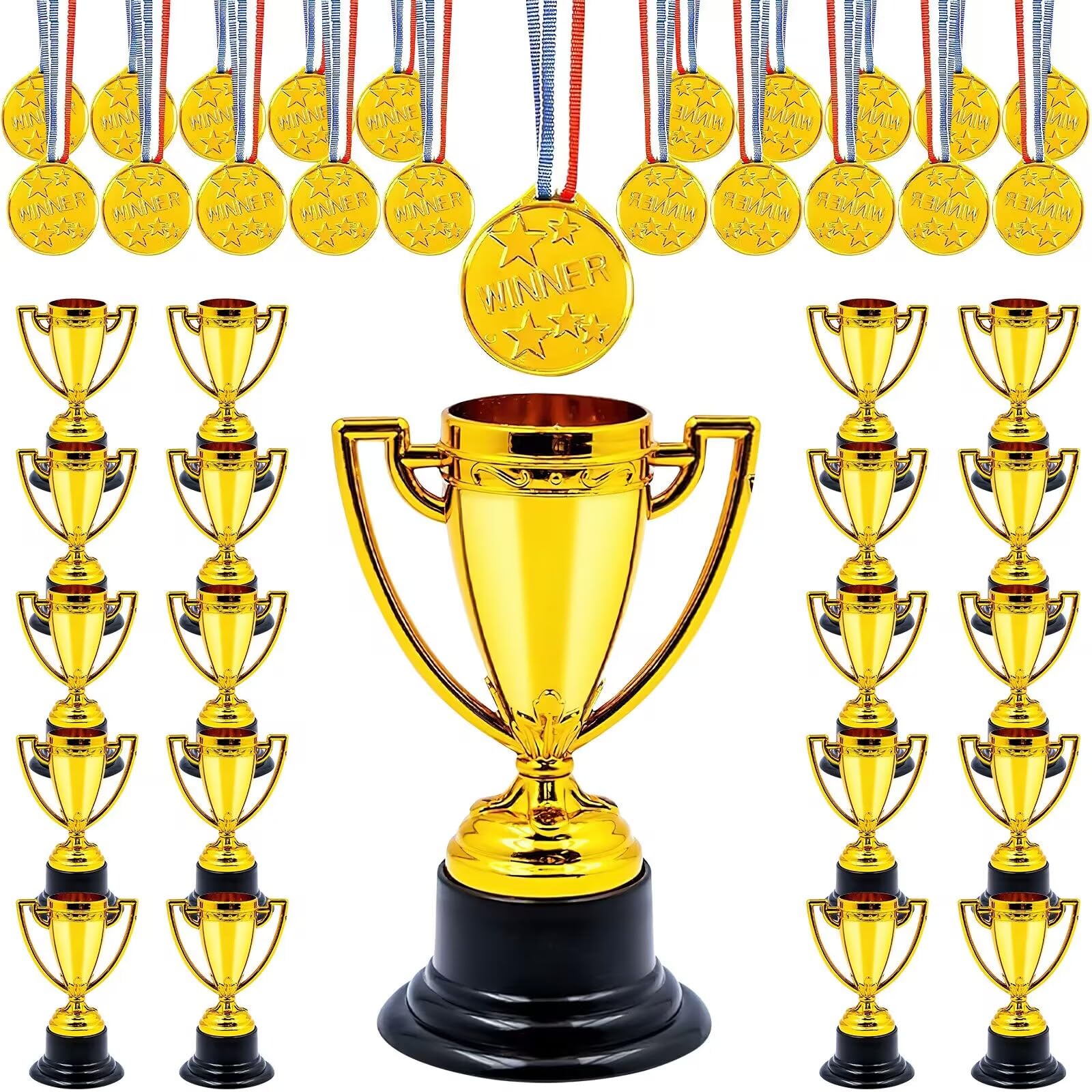 MSYU 40 PCS Mini Trophies and Medals Set Includes 3.34'' Gold Plastic Trophy Cup and 1.4'' Winner Medals for Kids and Adults Party Favors School Sports Events Prize Competition