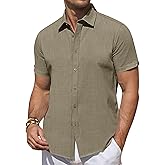 DEMEANOR Linen Shirts for Men Short Sleeve Button Down Shirts Summer Beach Casual Linen Button Up Shirt Vacation Wedding