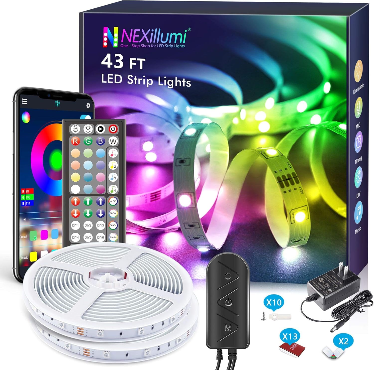 Upgraded LED Lights 43 ft with Remote App Control Music Sync SMD5050 RGB LED Strip Lights LED Lights for Bedroom, Kitchen, Room Decor, Night Light for Kids(43 Ft APP+Remote+Mic+3 Button Switch)