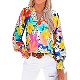 MASCOMODA Womens V Neck Floral Long Sleeve Tops 2026 Summer Casual Loose Puff Sleeve Chiffon Boho Work Blouse Dressy T Shirts