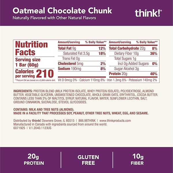 THINK! PROTEIN BARS, HIGH PROTEIN SNACKS, GLUTEN FREE, HIGH FIBER, OATMEAL CHOCOLATE CHUNK, 1 COUNT