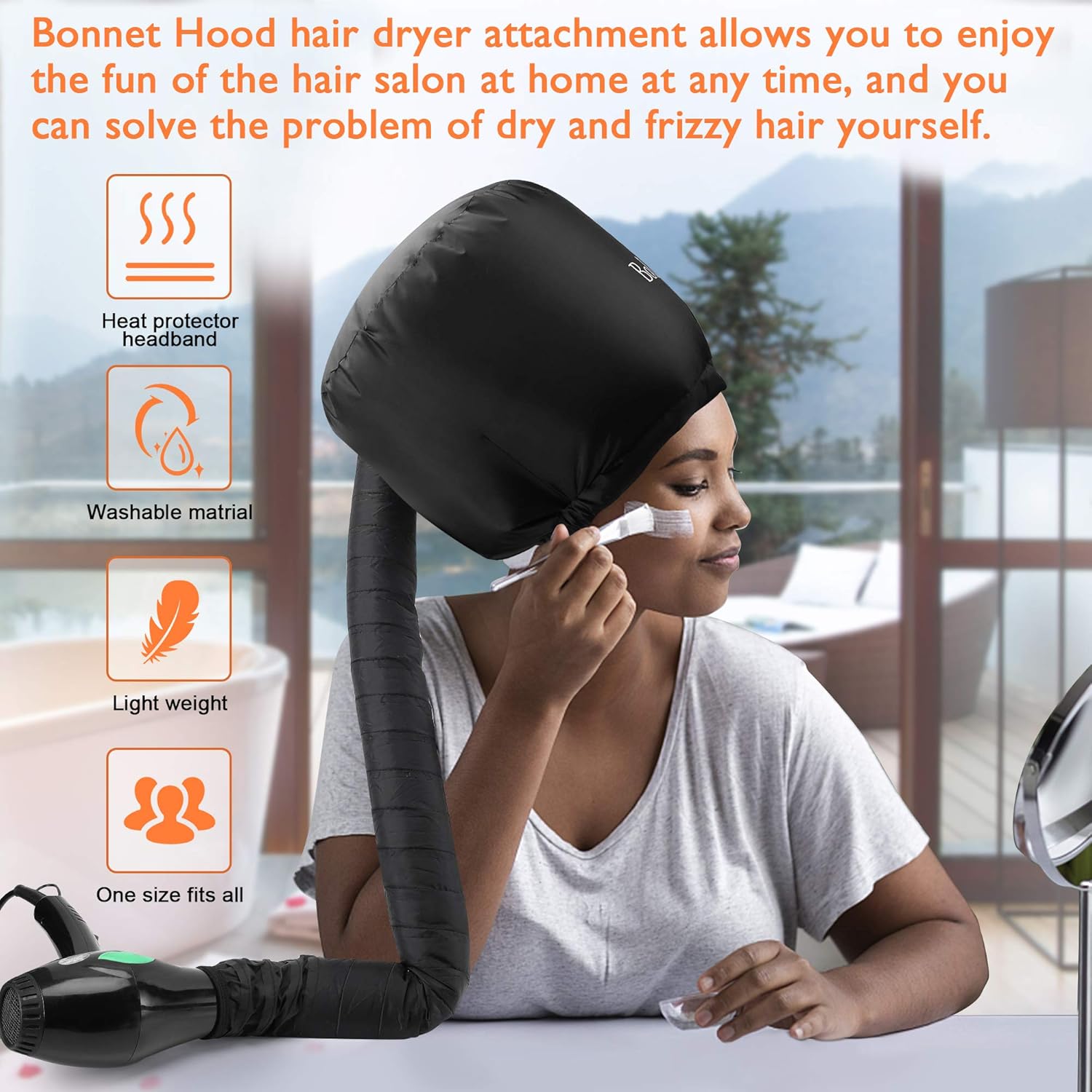 Bonnet Hair Dryer - Boloye Soft Bonnet Hood Hair Dryer Attachment with Heat Protector Headband to Reduces Heat Around Ears - Used for Curl, Hair Styling, Deep Conditioning and Hair Drying (Gray): Beauty