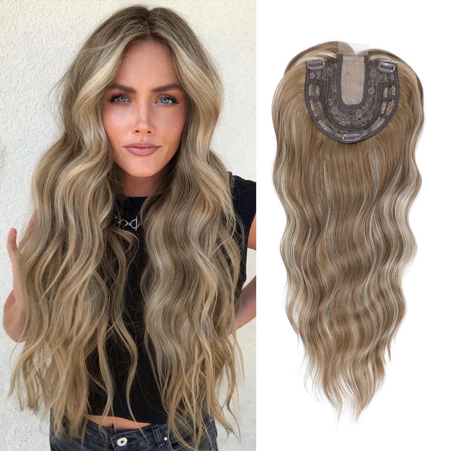 20 Inch Hair Toppers For Women Long Wavy Curly Hair Topper Darkest Brown Clip In Synthetic Wiglets Hair Pieces For Women (Ash Brown with Highlights, 20 Inch)