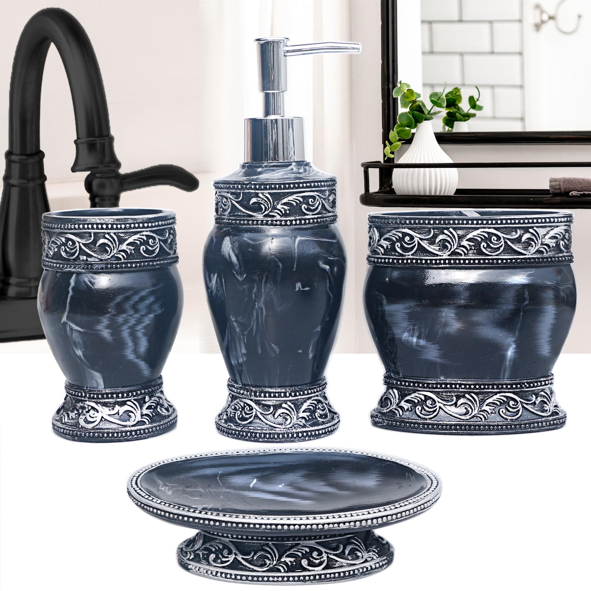 Photo 1 of Bathroom Decor Accessories Set,4 PCS Including Soap Dispenser, Toothbrush Holder, Tumbler and Soap Dish, Black and White