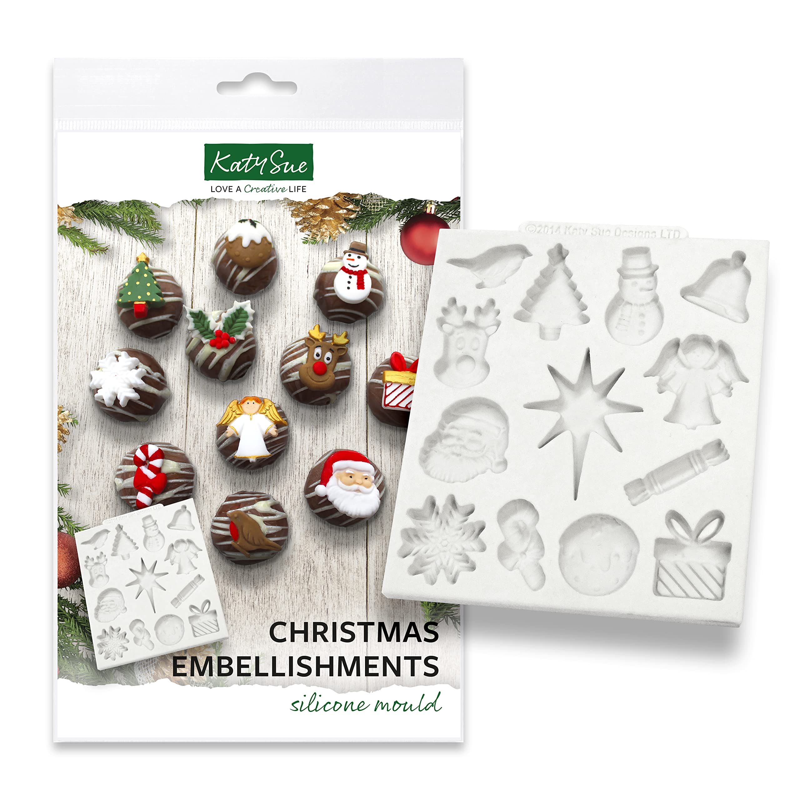 Katy Sue Christmas Embellishments Silicone Mould for Christmas Cake Decorating & Craft. Makes 13 Christmas Shapes. Use with Fondant, Sugar Paste & Clay. Shapes are 20-50 Millimetres in Size. UK-Made