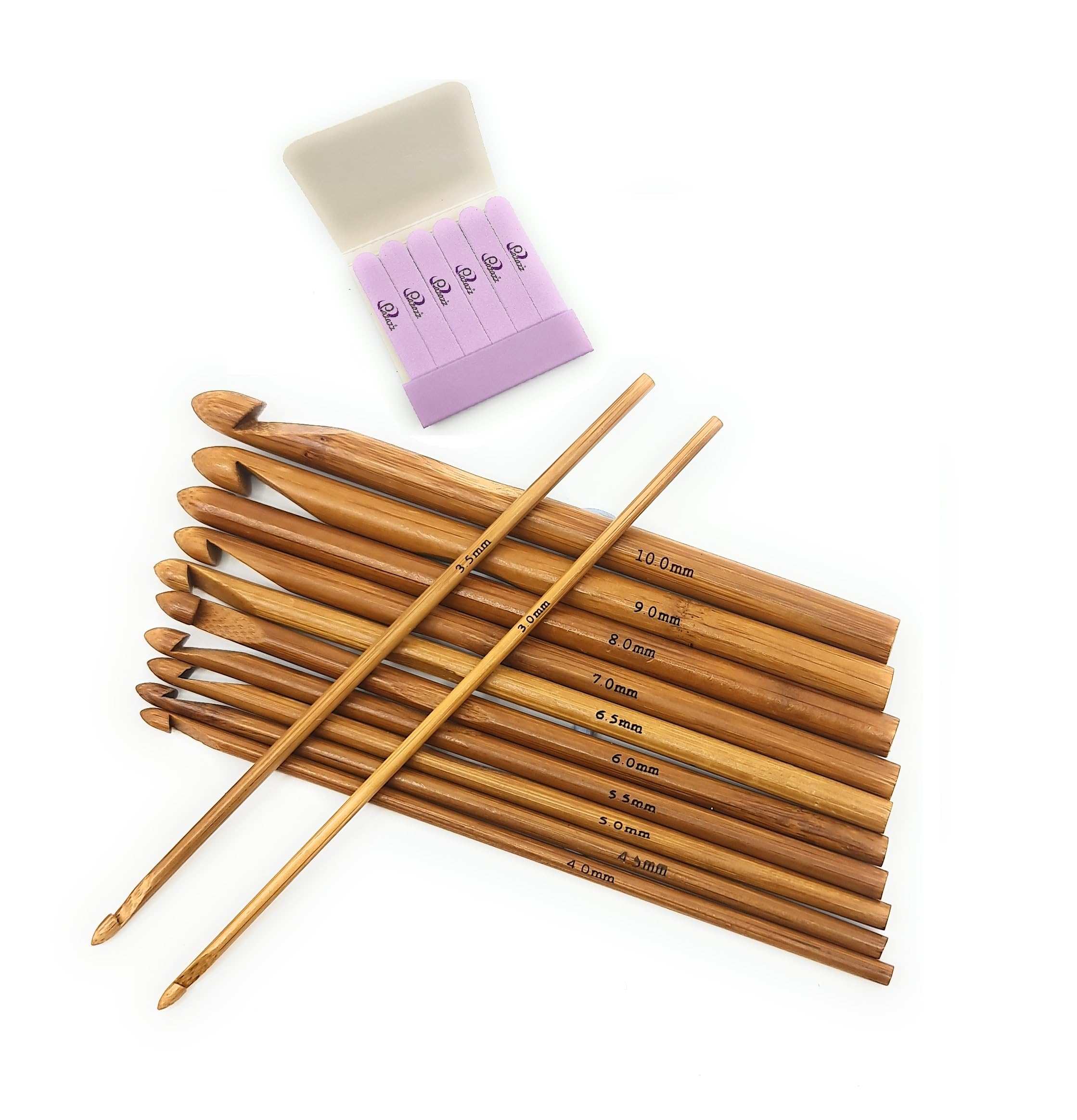 Bamboo Crochet Hooks Set of 12 Knitting Needles Craft Kit, 3mm to 10 mm Diameter with Handy Emery Board Matchbook