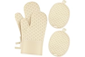 QEVOOON Oven Mitts and Pot Holders 4 Sets, Heat Resistant 500 ℉ Oven Mitt and Pot Holder,Oven Glove&Potholders with Non-Slip Silicone Surface,Kitchen Essentials for Cooking/Baking/BBQ-Beige