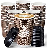 Layhit 100 Sets Disposable Coffee Cups with Lids 16 oz Ripple Paper Brown Coffee Cups Insulated Corrugated Double-walled for Hot Chocolate Cold Drink, Winter Party, Picnic, Travel, Office, Bar