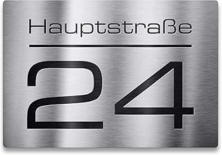 Metzler Edelstahl Hausnummer - Hausnummernschild mit Gravur Straßenname, Name und Wunsch-Nummer - V2A Edelstahl - UV-beständig - Größen wählbar