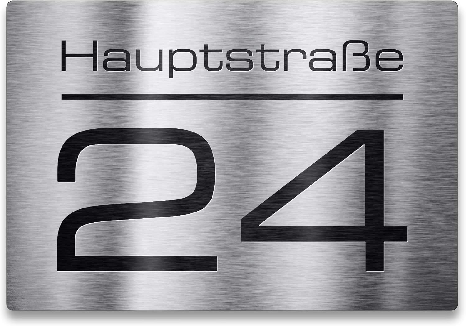 Metzler Edelstahl Hausnummer - Hausnummernschild mit Gravur Straßenname, Name und Wunsch-Nummer - V2A Edelstahl - UV-beständig - Größen wählbar