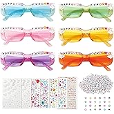 JarThenaAMCS 24 Pairs DIY Rectangle Sunglasses Kit with Letter Beads Diamond Star Heart Butterfly Stickers Glue Tweezers Party Favor Craft for Women Girls