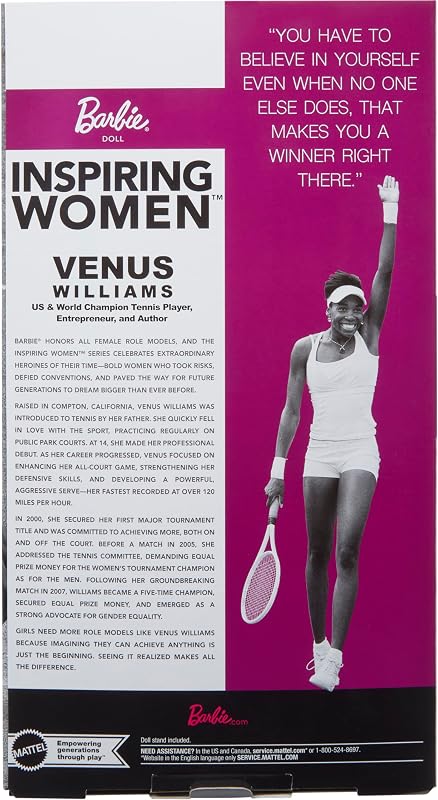 Colección Inspiring Women Venus Williams Muñeca de Moda con equipación de Tenis característica y Raqueta, Incluye Embalaje para exposición, HRM49