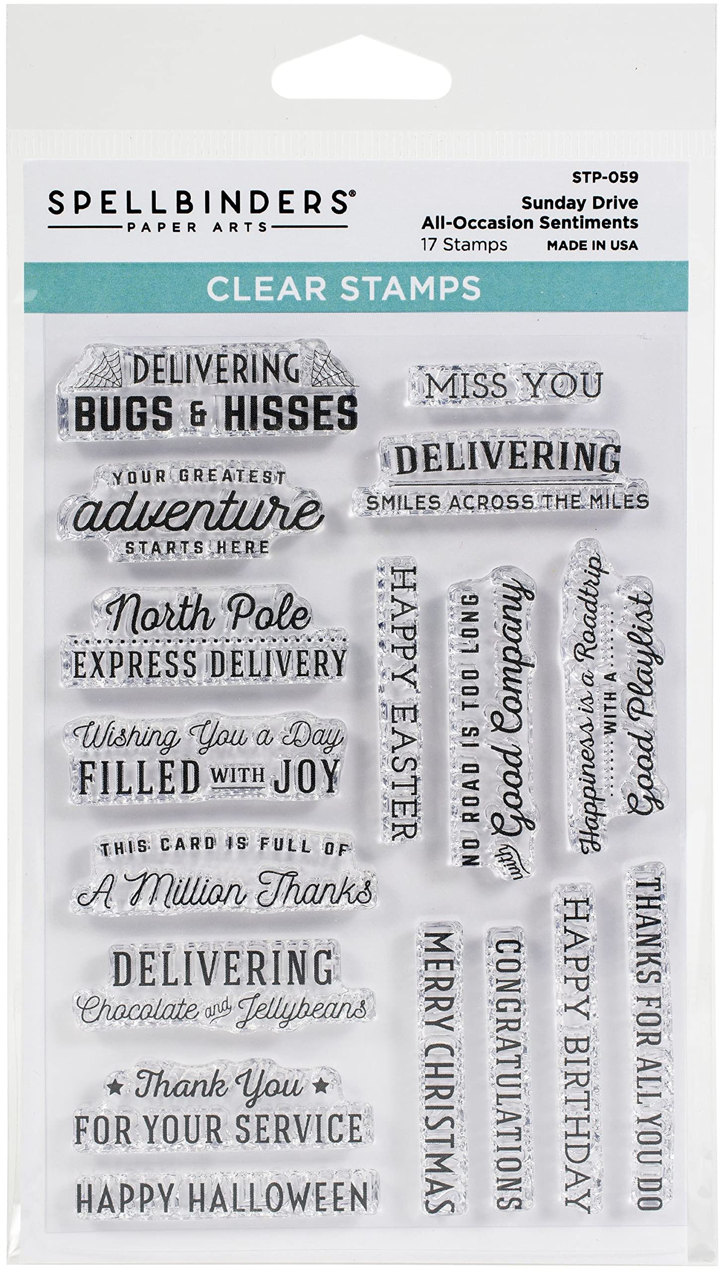 Spellbinders Sunday Drive All-Occasion Sentiments Clear Liberty Collection Stamp Set