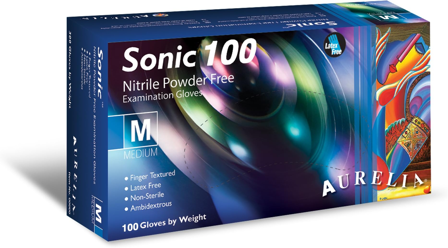 Sonic 100 9377B7 Nitrile Powder Free Examination Glove, Medium, Blue (Pack of 100)