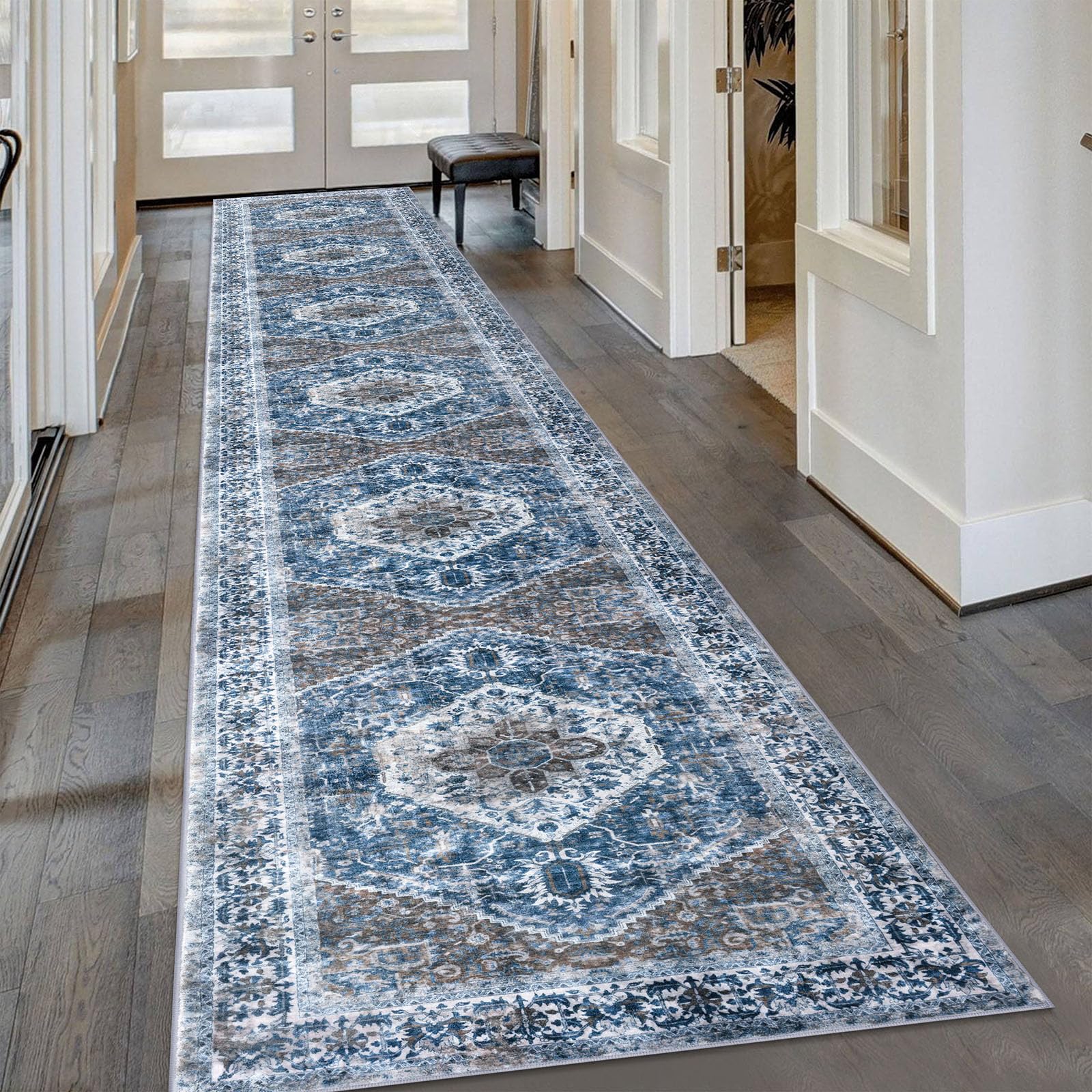 Photo 1 of KOZYFLY Runners for Hallways 2.6x16 Ft Extra Long Washable Kitchen Runner Rug Boho Runner Rug for Entryway Indoor Blue Printed Oriental Faux Wool Stair Floor Carpet Runner for Stair Kitchen Hall