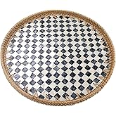 Abyjifar 13.8" Round Rattan Serving Tray with Mother of Pearl Inlay, Handwoven Coffee Table Boho Decor Basket for Bread Fruit Food Kitchen Home Office (Checkerboard)