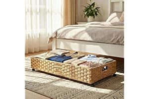 HBSGS Under Bed Storage with Wheels, 31.5 Inch Large Capacity Handwoven Water Hyacinth Storage Basket, Tool-Free Assembly Rol