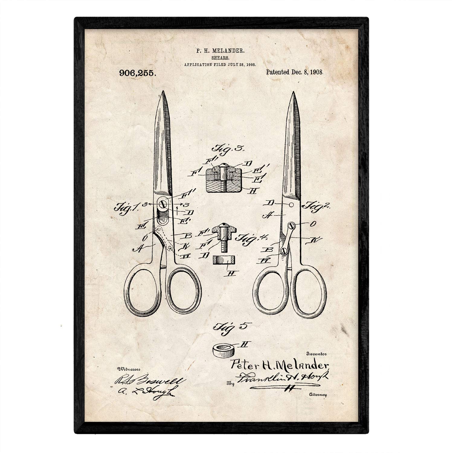 Nacnic Poster patent scissors. Sheet with old design patent in A3 size and vintage background — image 1