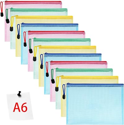 Vicloon 12Pcs A6 Zip Lock Bags Mesh Document Wallets Multicolor