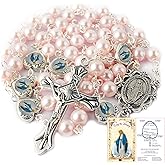 HanlinCC Glass Pearl Beads with Miraculous Epoxy Heart Metal Beads Rosary Necklace pack in Velvet Gift Bag with Rosary Pray Card