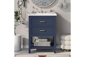 Virubi 24" Bathroom Vanities with Ceramic Single Sink Combo, Modern Undermount Bathroom Sink Cabinet with 2 Drawers & Open Self, Freestanding Bathroom Sink Cabinet (Blue)