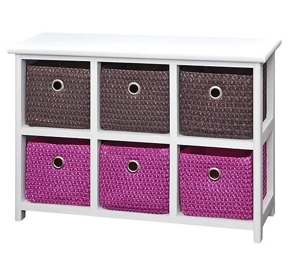 ts-ideen Kommode Nachttisch Sideboard Schrank 60 x 44 cm Bad Regal weiß mit 2 x 3 bunten Körben für Kinderzimmer, Büro, Bad, Flur und Babyzimmer