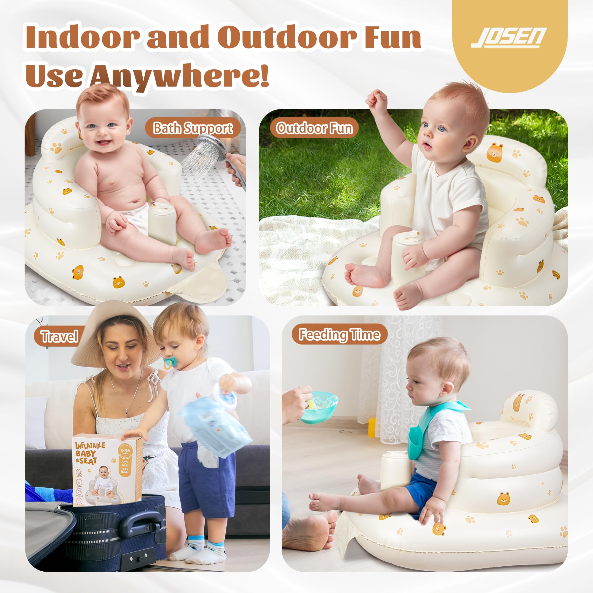 JOSEN Inflatable Baby Seat for Babies 3 Months & Up, Baby Floor Seats Learn to Sit Up, Portable Infant Feeding Shower Chair, Blow Up Baby Chair with Built in Air Pump - Cute Bear