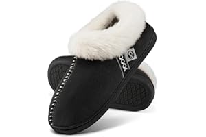 Ablanczoom Slippers for Women House Shoes: Comfy Memory Foam Slippers with Fuzzy Faux Fur Collar Non-skid Rubber Sole Indoor/Outdoor