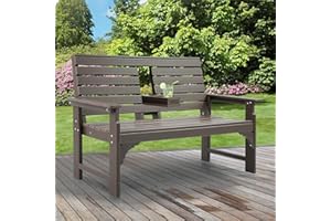 KULAMOON Outdoor Bench Weatherproof - HDPE 2-Person Garden Bench with Cup Holders, Bench Furniture with Backrest and Armrests, 700 lbs Capacity, Patio Park Bench for Front Porch Backyard Park (Brown)