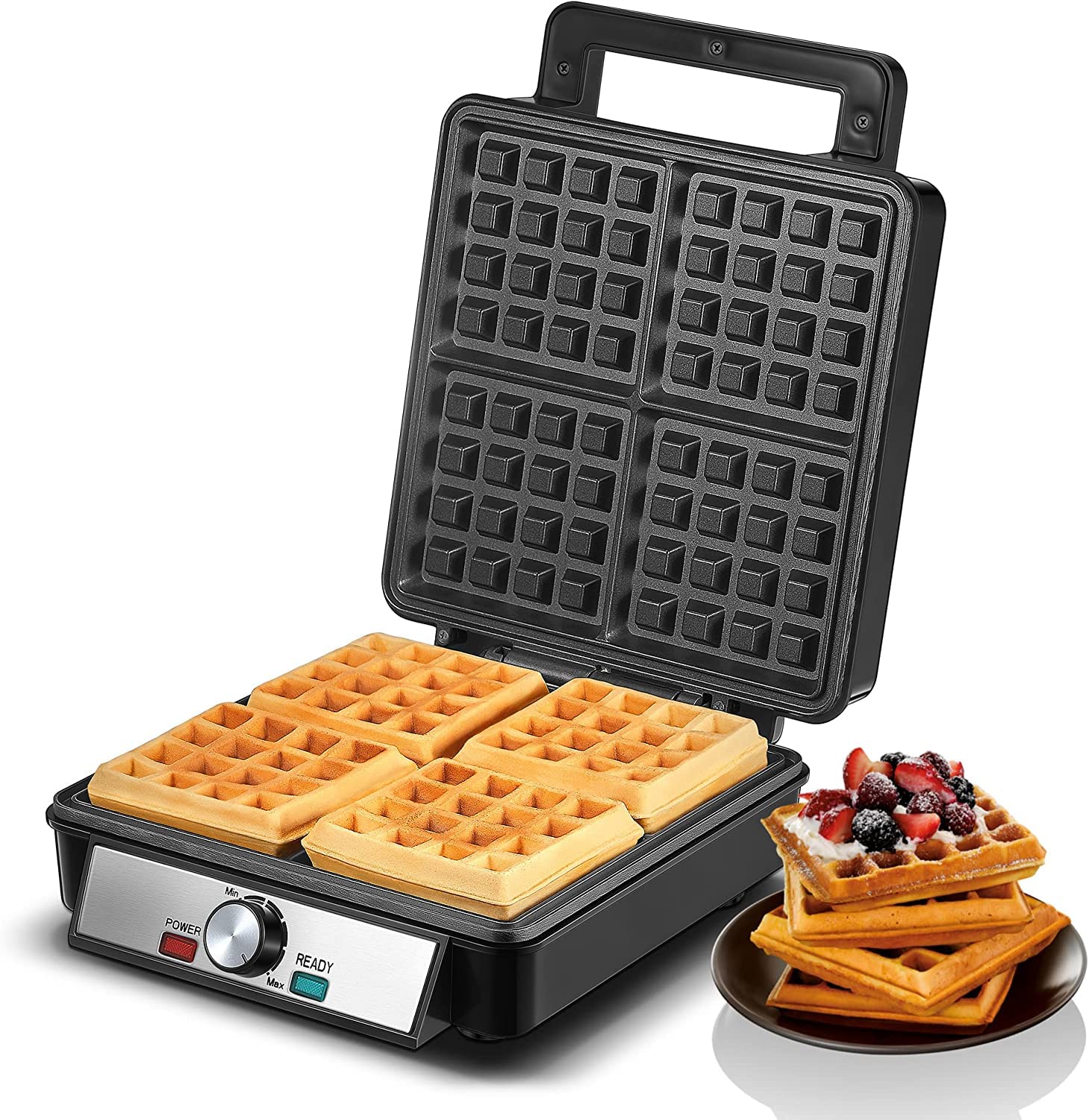 Photo 1 of 1200W Belgian Waffle Maker 4-Slice, Stainless Steel, 5 Browning Levels, Non-Stick Surfaces, Silver/Black, FOHERE - Perfect for Family Breakfasts (Black)