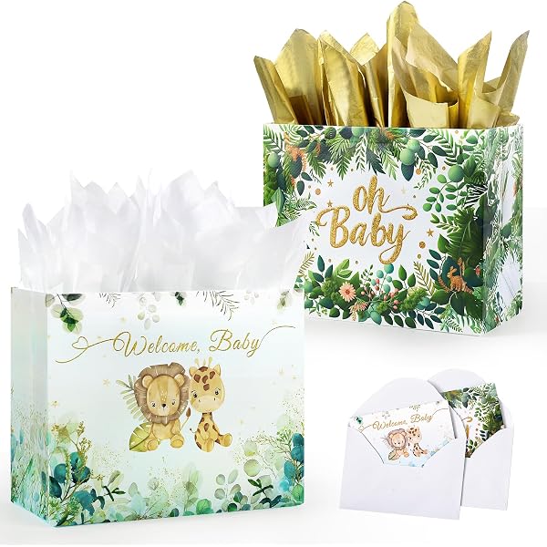 Buryeah Woodland Animal Baby Shower Gift Bags (2 Pcs) | Reusable Canvas Drawstring Bags, 20" & 12" | Gender Reveal, Birthday Party Favors