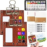 Mini Watercolor Paint Set Portable, Mini Watercolor Travel Palette Set with 2 Wooden 8-Grid Palette, 12 Colors Paint, 2 Sketch Books and 4 Brushes, Copper Clip and Sketchbook for Travel Painting