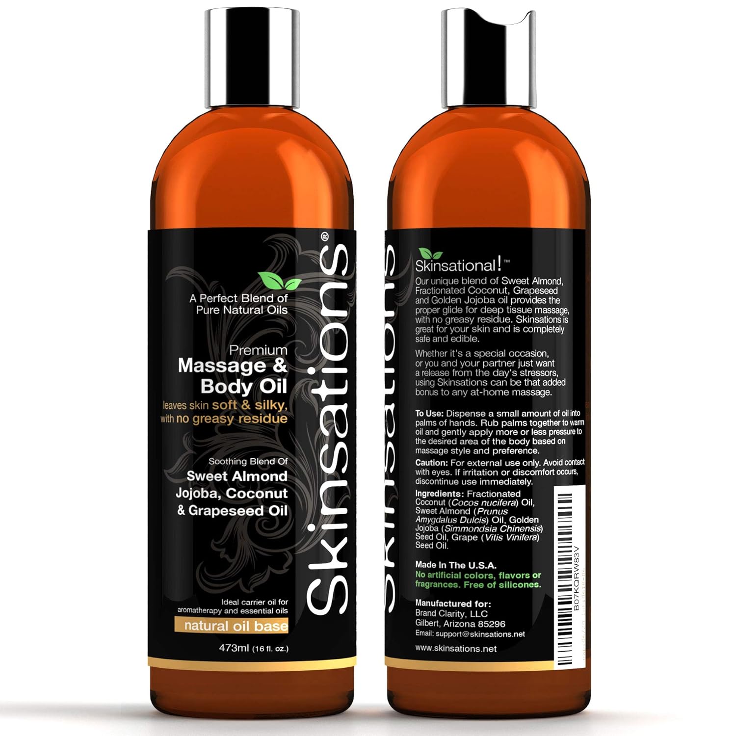 Skinsations - Natural Massage & Body Oil - Unscented 16oz | Relaxing, Sore Muscle Aromatherapy, Edible Sweet Almond Blend with Fractionated Coconut, Grapeseed, Jojoba Oils, Soothes Dry, Sensitive Skin: Health & Personal Care
