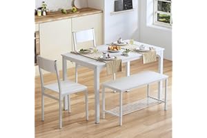 SDHYL Dining Table Set for 4, 43" Dining Room Table with Two Chairs and One Bench, 4 Pieces Set Table Top with Metal Legs in Living Room, Dining Room, Space Saving Kitchen Table Set, White