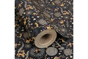 Aimyoo Black Gold Kraft Christmas Gift Wrapping Paper Jumbo Roll, Reindeer Snowflakes Stars Design, 17 inch x 32 ft