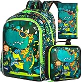 FTJCF Boys Backpack, 16" Dinosaur Kids Bookbag with Lunch Box, 3Pcs Dino School Backpacks for Elementary Preschool Kindergarten (Green)