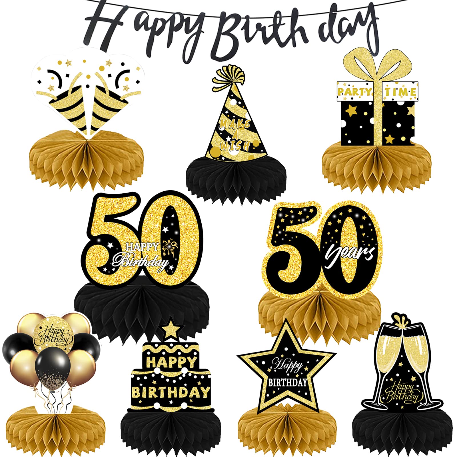 KEPMOV 9 Pieces Birthday Honeycomb Centerpieces, 50th Birthday Banner, Black Gold, Star Pattern, Party Decoration Pack, 10 Count