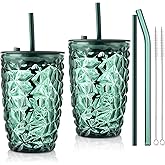 Joeyan 14.5 oz Green Tumbler with Lid and Straw,Iced Coffee Glass Cups with Diamond Design,Colored Smoothie Tea Drinking Jar,Portable Water Juice Beverages Soda Glasses,Set of 2,Dishwasher Safe