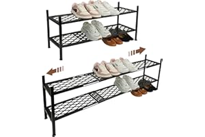 Shoe Rack, Expandable Shoes Organizer Metal Shelf Stand, 2 Tier Stackable Long Shoe Storage Holder For Closet, Floor, Entrywa