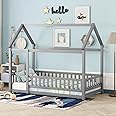 Bellemave Twin Size House Frame Wooden Montessori Floor Bed with Fence for Kids, Gray