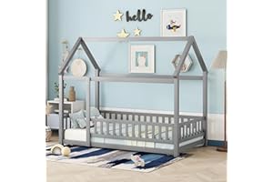 Bellemave Twin Size House Frame Wooden Montessori Floor Bed with Fence for Kids, Gray