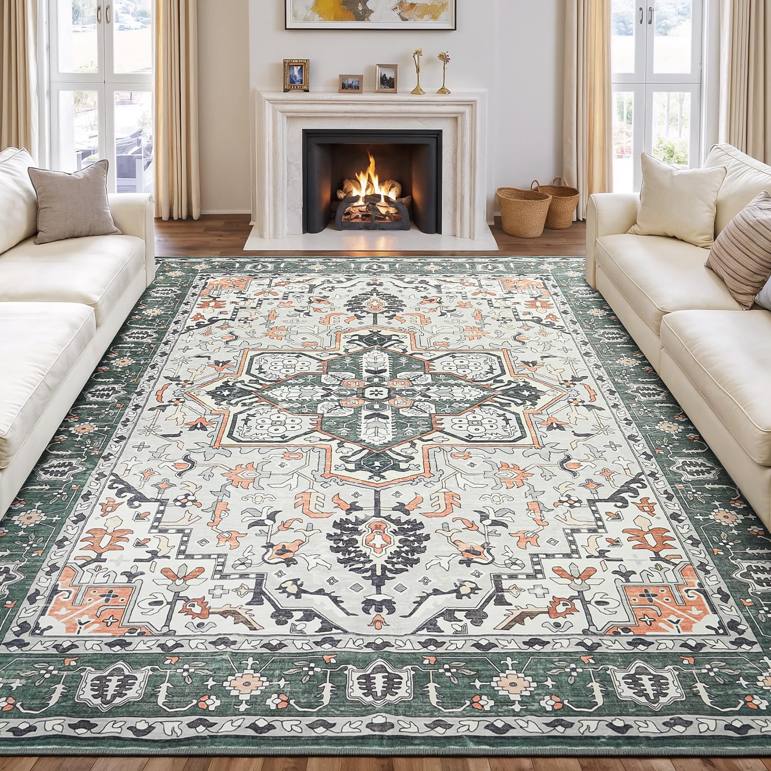 Rugflix 8x10 Area Rugs for Living Room, Washable Rug, Soft Low Pile Carpet, Non-Slip, Stain Resistant, Vintage Area Rug, Sage Green Rug for Bedroom, Dining Room, Home Office Image