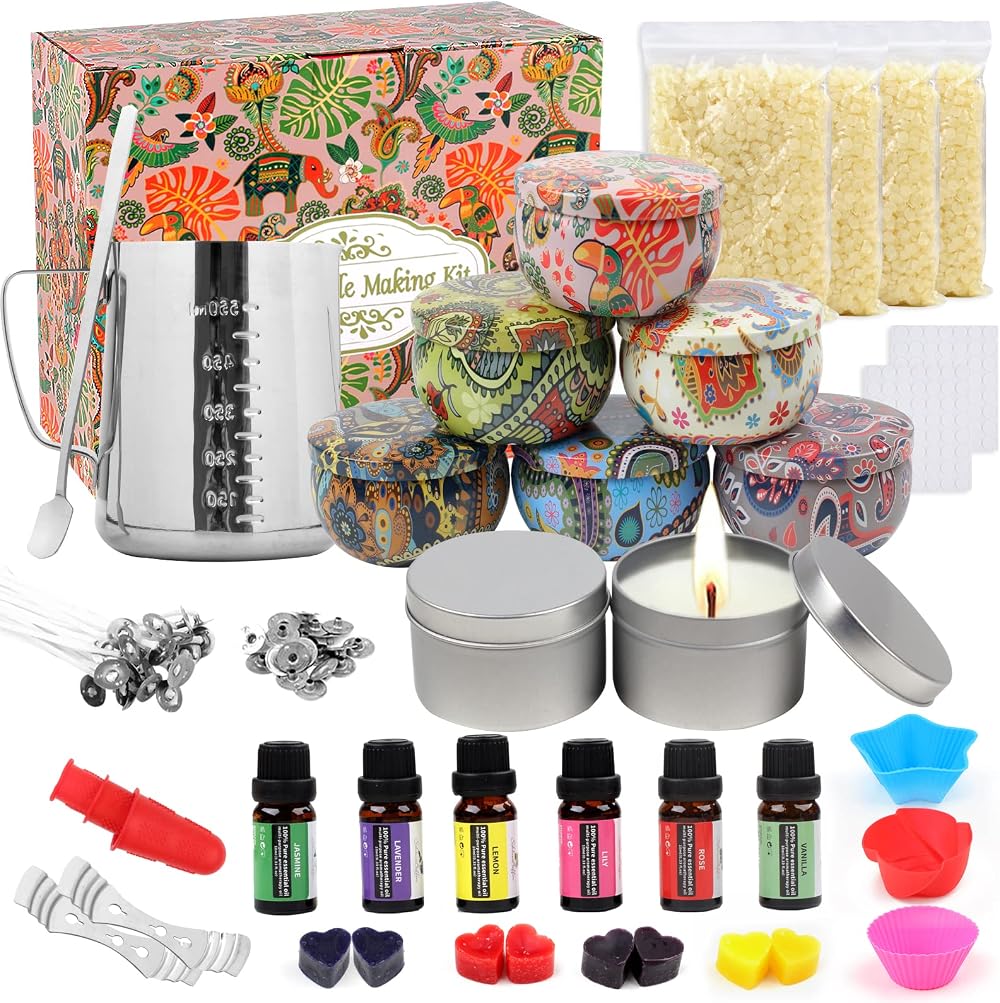 TEPENAR DIY Scented Candle Making Kit Premium Beeswax 8 Tins 6 Oils 4 Color