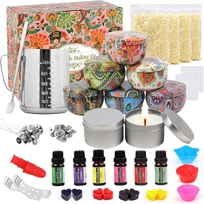 TEPENAR DIY Scented Candle Making Kit Premium Beeswax 8 Tins 6 Oils 4 Color