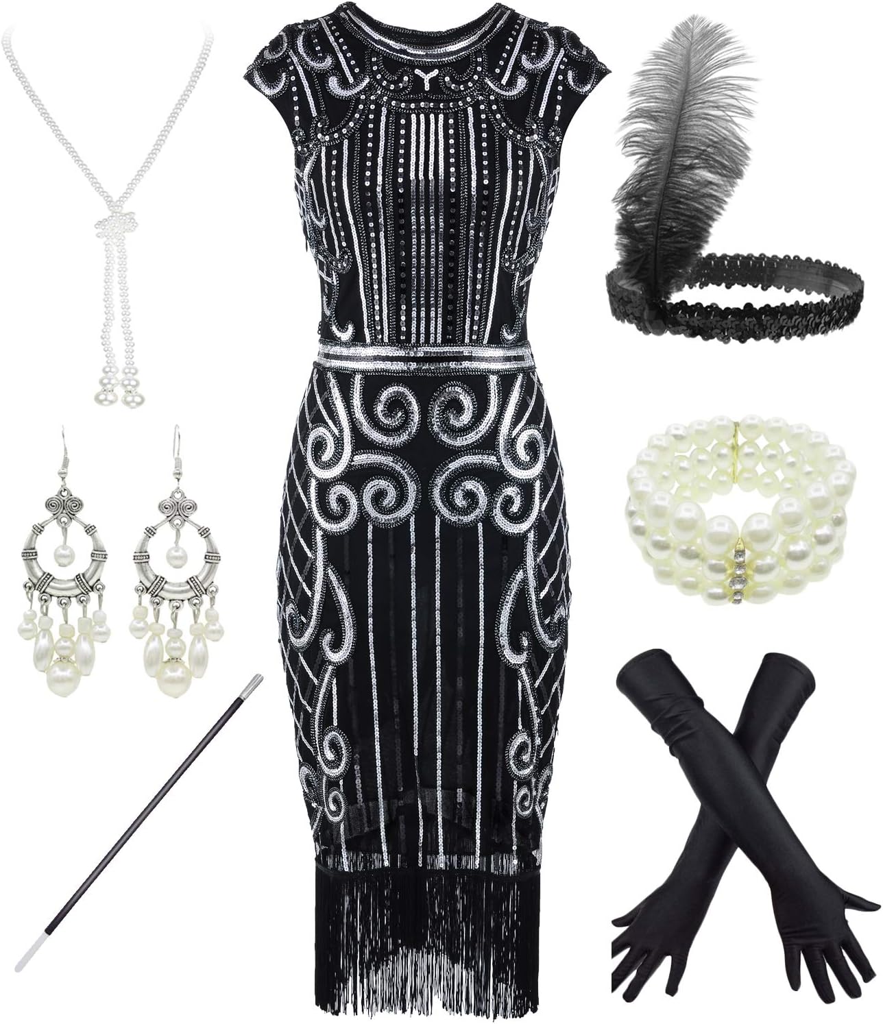 Women's 1920s Sequins Flapper Gatsby Cocktail Dress with 20s Headband Accessories Set