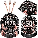 refavor 50th Birthday Party Tableware, 96PCS Vintage 50th 1976 Birthday Decorations for Women Her, Rose Gold 50 Years Old Paper Plates Forks Napkins Dinnerware Supplies