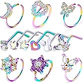 Goerhsjie 20g Nose Rings Hoops Studs Piercings Jewelry for Women Men Silver Rose Gold Rainbow Surgical Steel l Shaped Bar Hypoallergenic Butterfly Nostril