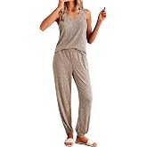 Ekouaer Women's Pajamas Sleeveless Summer Lounge Set Ribbed Knit Pj Loungewear Soft Tank Sleepwear Nightwear S-XXL