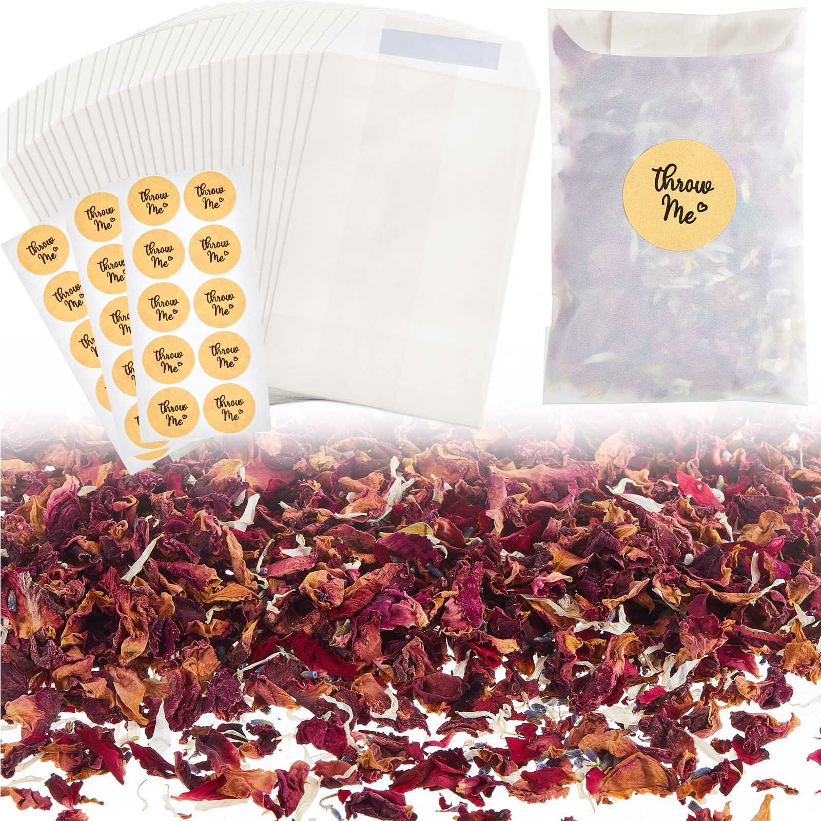 Wedding Confetti Bag Kit for 25-30 Guests, Including Natural Confetti Dried Flower Dried Rose Petals Glassine Paper Bags Stickers for Wedding Party Christmas Decor(Elegant Style)