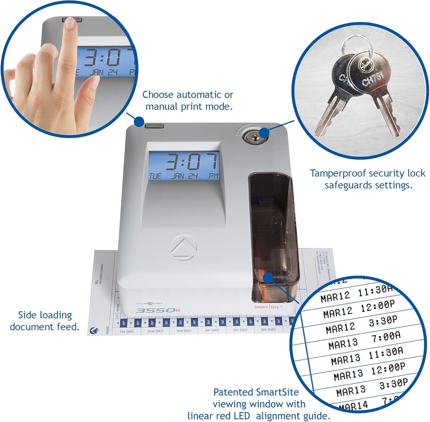 Pyramid Time Systems, Model 3550SS SmartSite Time Clock and Document Stamp, Patented SmartSite LED Linear Light Guide, Includes 25 time Cards, Ribbon, 2 Security Keys and User Guide, Made in USA : Electronics